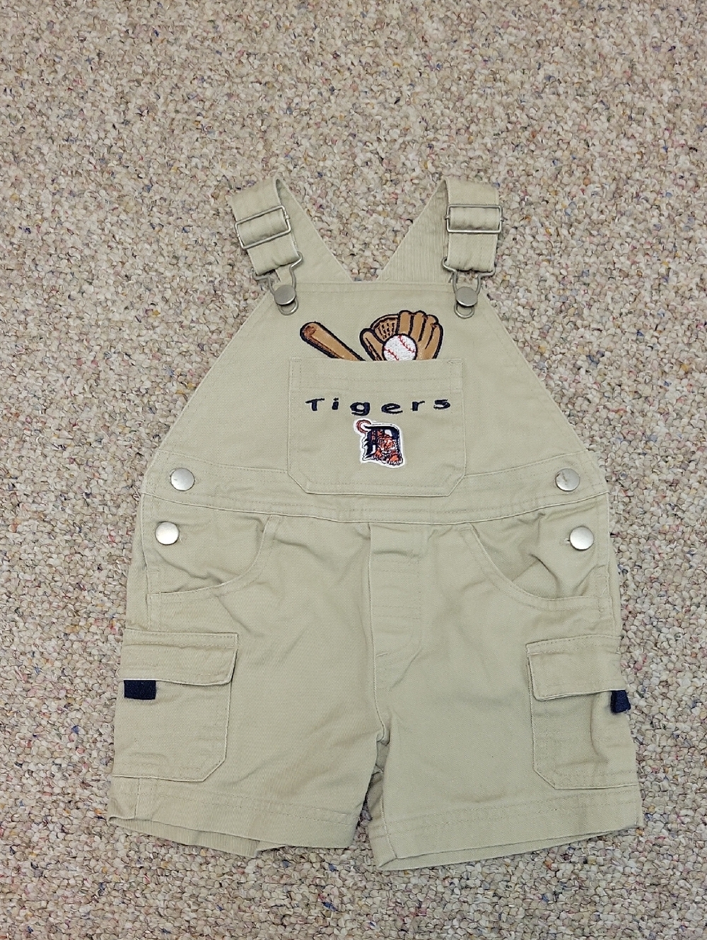 Kids Khaki Baseball Overalls Shortalls - Tigers Embroidered 12 Months Unisex Pla